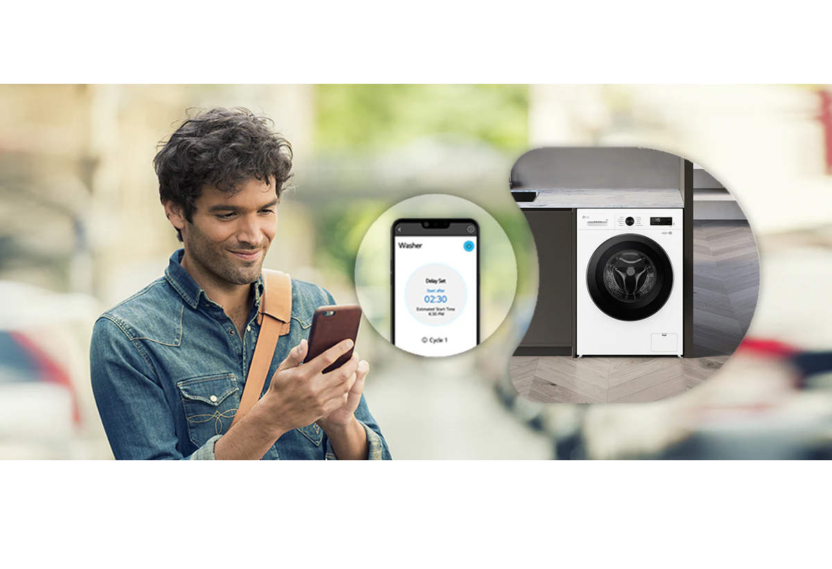 Απεικονίζεται ένας άντρας να ελέγχει απομακρυσμένα ένα πλυντήριο μέσω μιας εφαρμογής ThinQ.